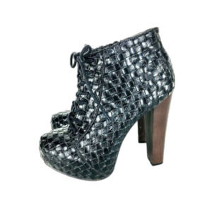Vintage Y2K Black Woven Chunky Block Heel Lace-Up Platform Booties Size 7